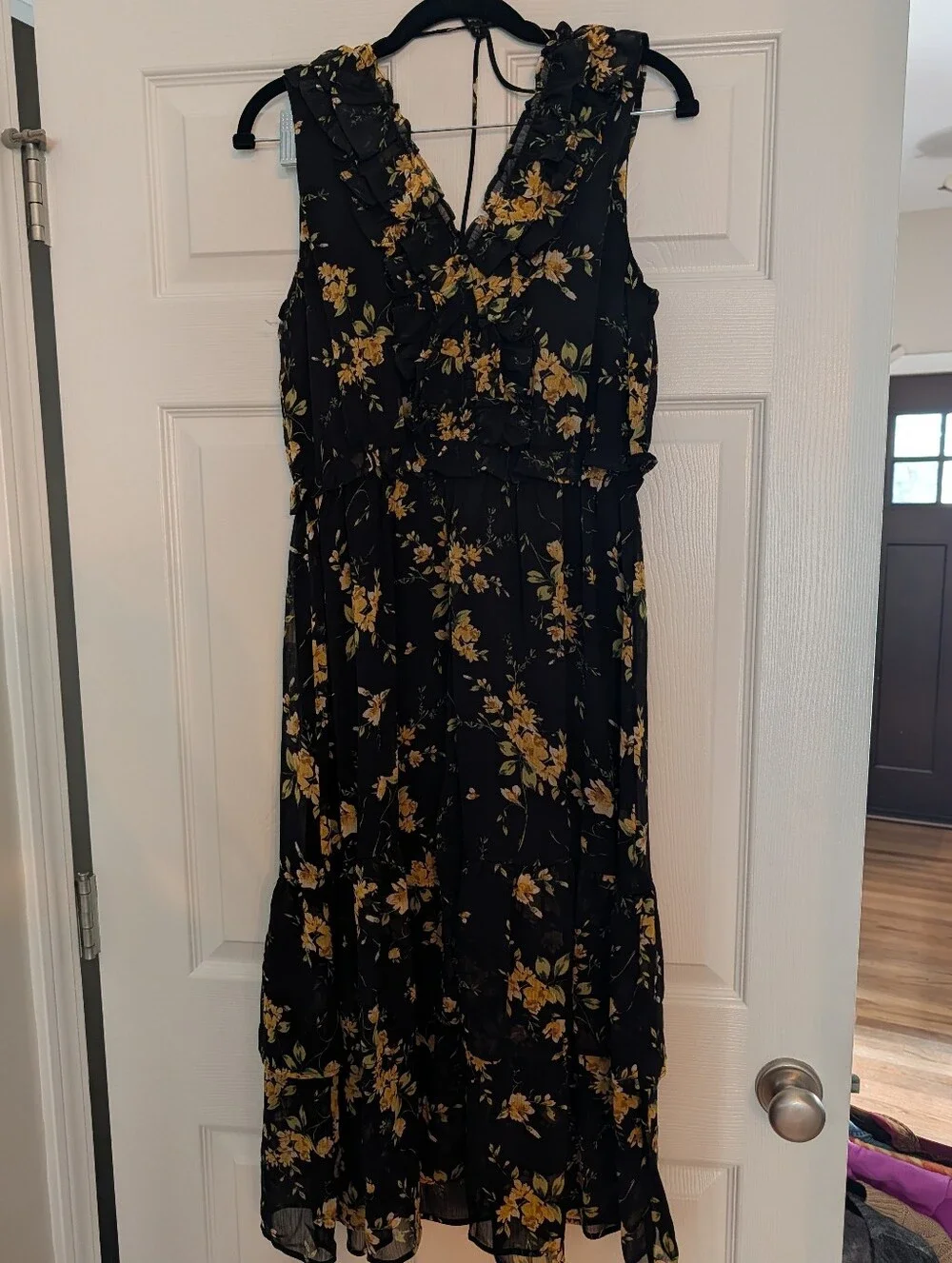 Maurices Floral Maxi Dress Medium Black Yellow Ruffle Sleeveless Boho Cottagecor